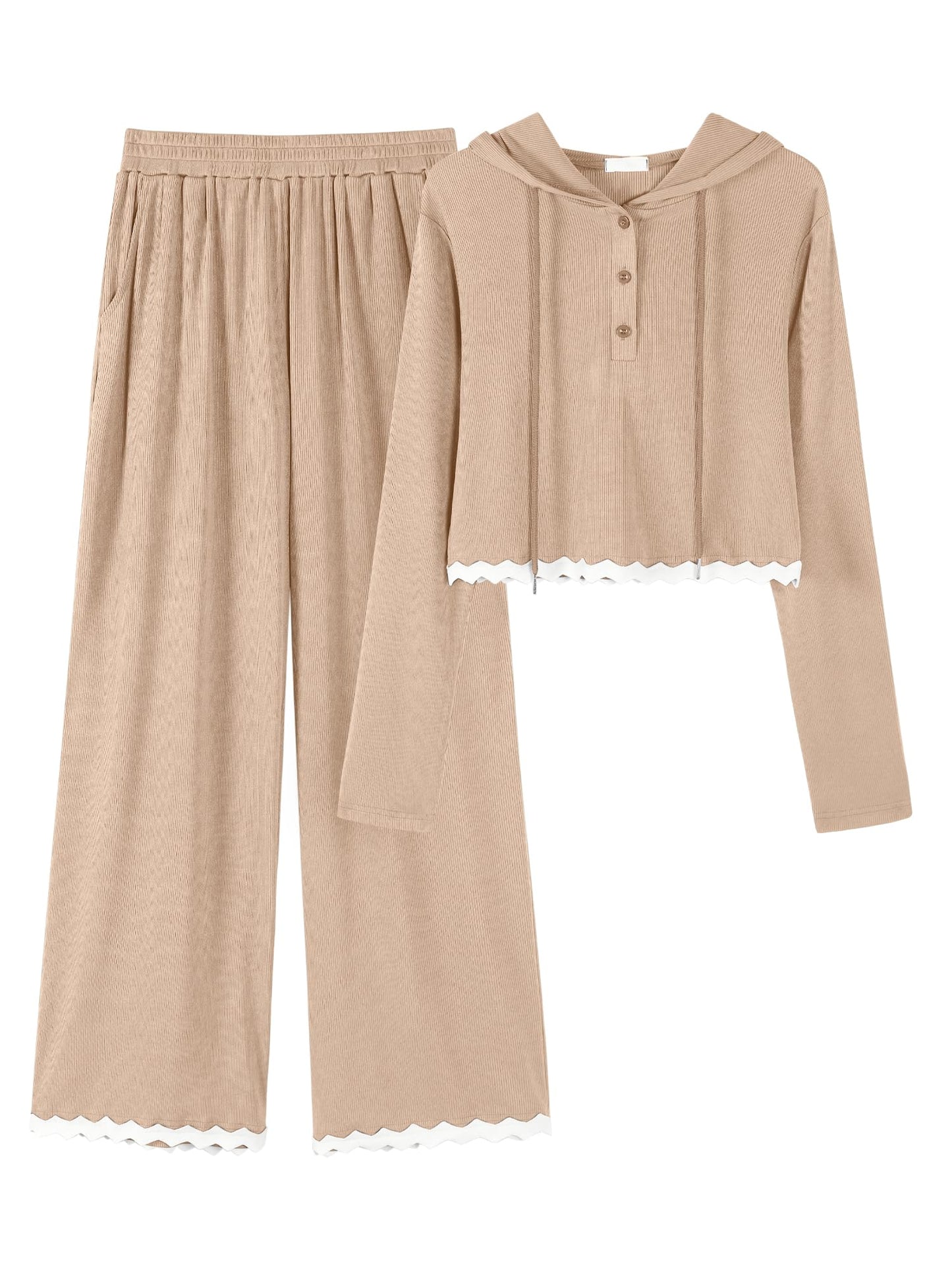 ONFERS Womens 2 Piece Outfits Knit Lounge Sets Long Sleeve Crop Sweatshirt Loose Fit Pants Set Tracksuit Travel Outfits Medium Khaki