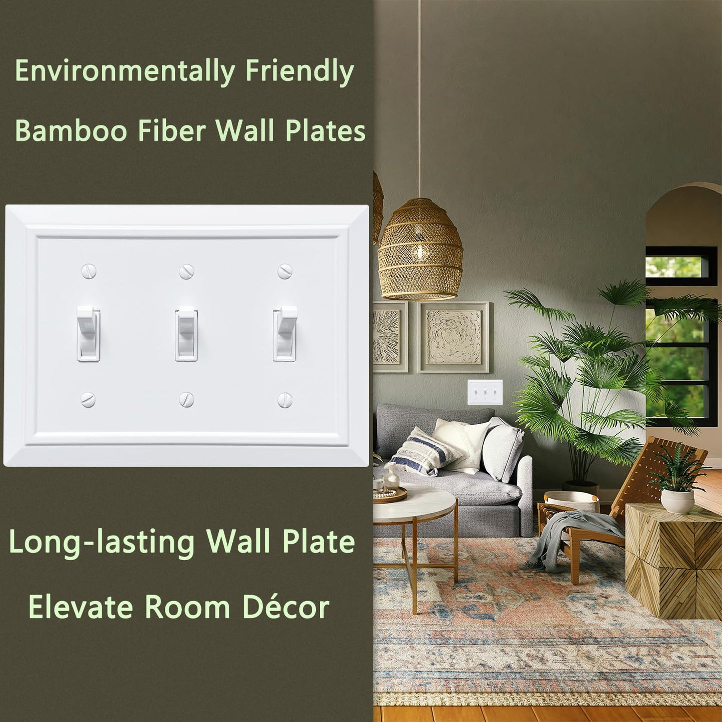 FunKiim Classic Architecture Wall Plates,Light Switch covers, Electrical Outlet Covers, Duplex receptacle wall plates,Mid Size Bamboo Fiber Material Switch plates Pure White (3 Gang Toggle 1PK)