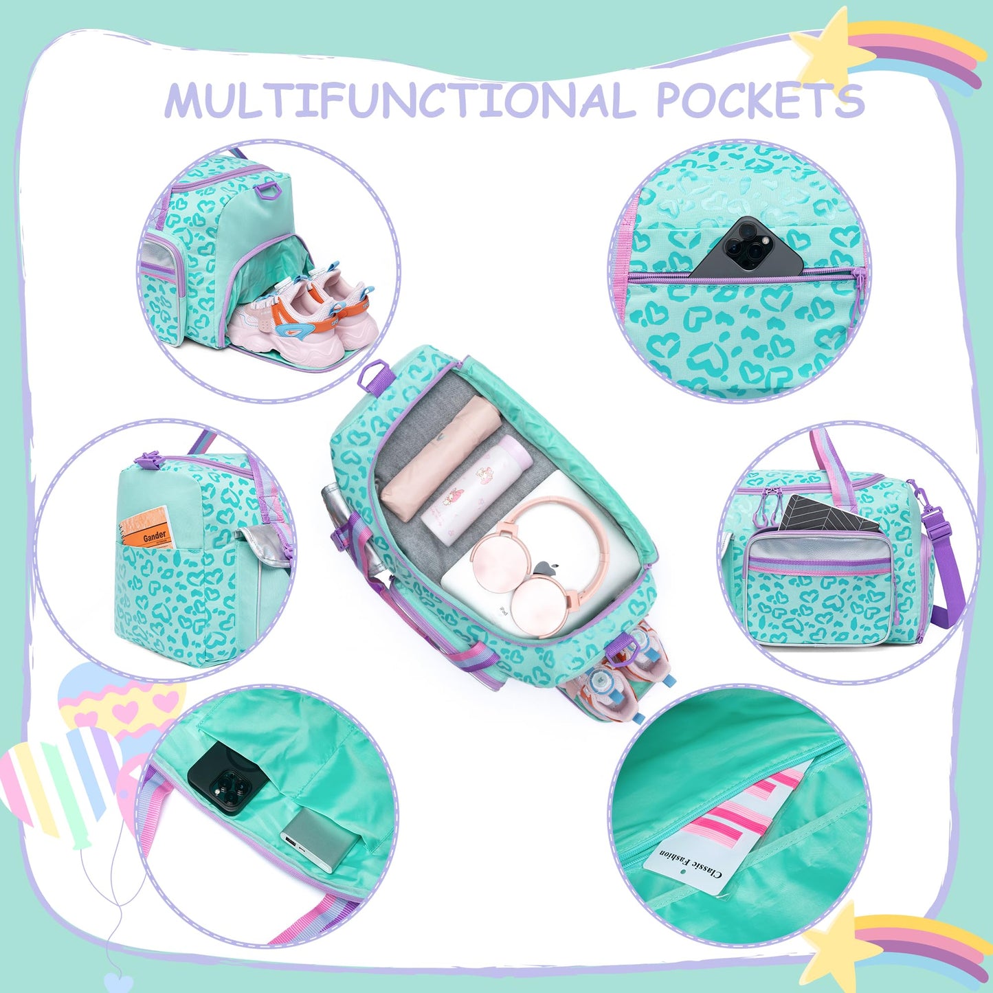 Kids Duffle Bag Girls Women Travel Bag Gifts Overnight Bags for Girls Women Dance Sleepover Bags for Kids with Shoes Compartment