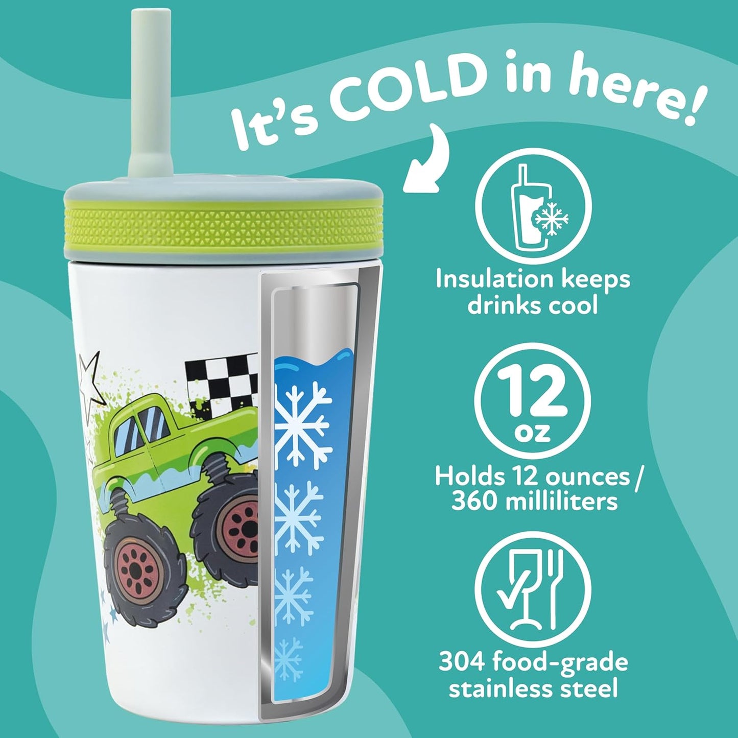 Nuby Insulated Toddler Cup - 12 oz Stainless Steel with Silicone Flex Straw - Leak-Resistant | Monster Trucks