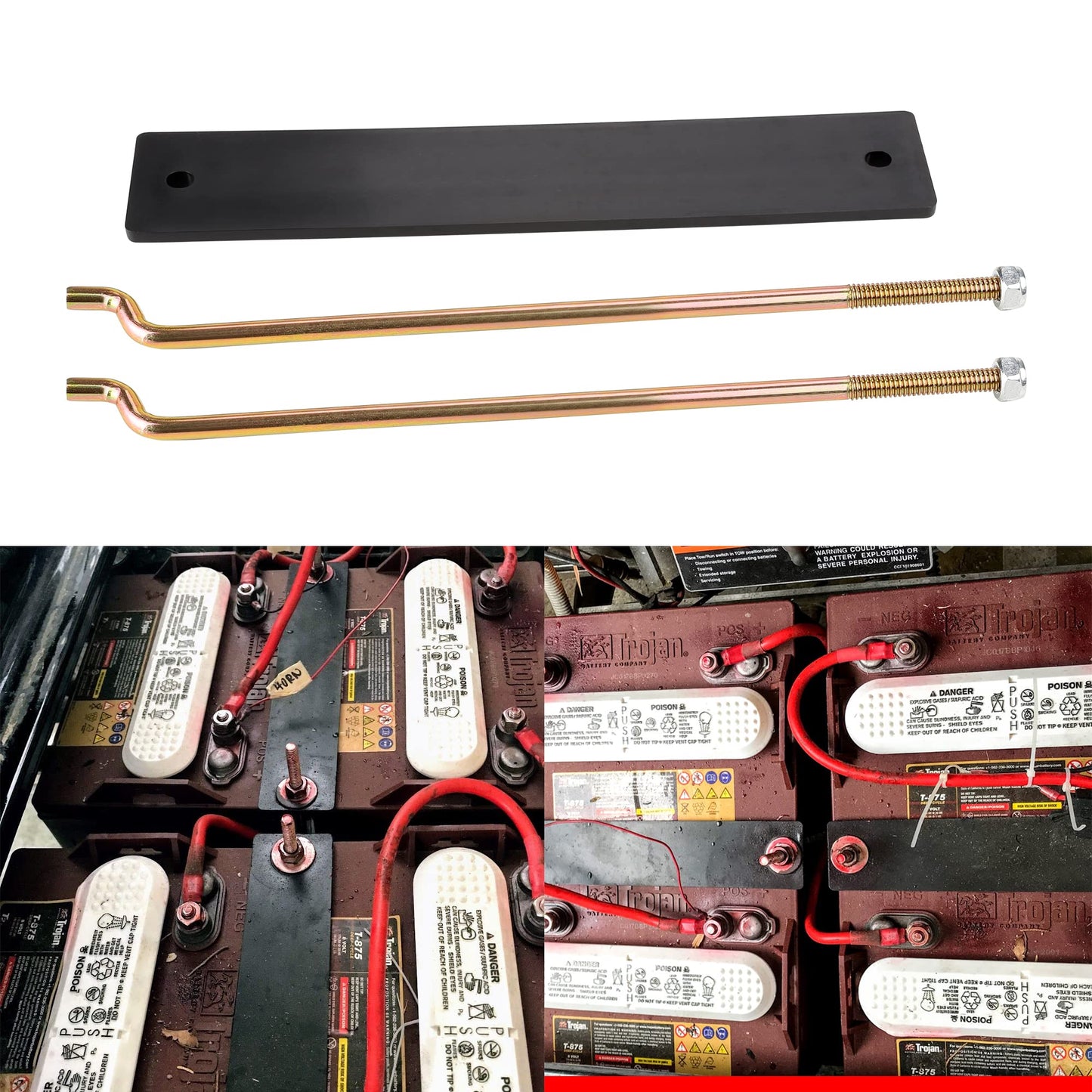 10L0L Golf Cart Battery Hold Down Plate and Rod Kit for Club Car DS & Carryall Electric Model Vehicles 1998-2005 OEM 101090801 1013683 W/Washer & Nuts