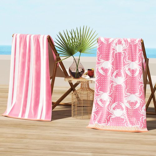 Great Bay Home 100% Cotton Beach Towels - Absorbent Quick-Dry Pool Towels | 2 Pack 30 x 60" (Pink/White Crabs & Stripes)
