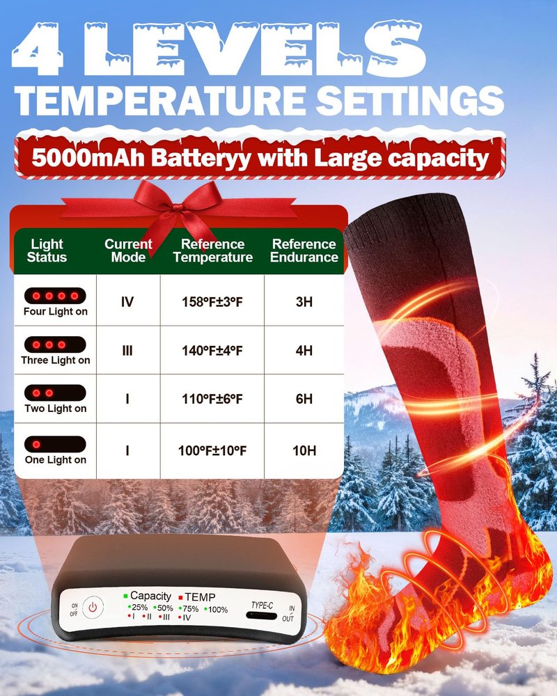 Heated Socks for Men and Women, 5000mAh Rechargeable Heated Socks with 4 Heat Settings, 360° Surround Heating, Washable Winter Feet Warmers for Hunting, Skiing, Camping, Hiking