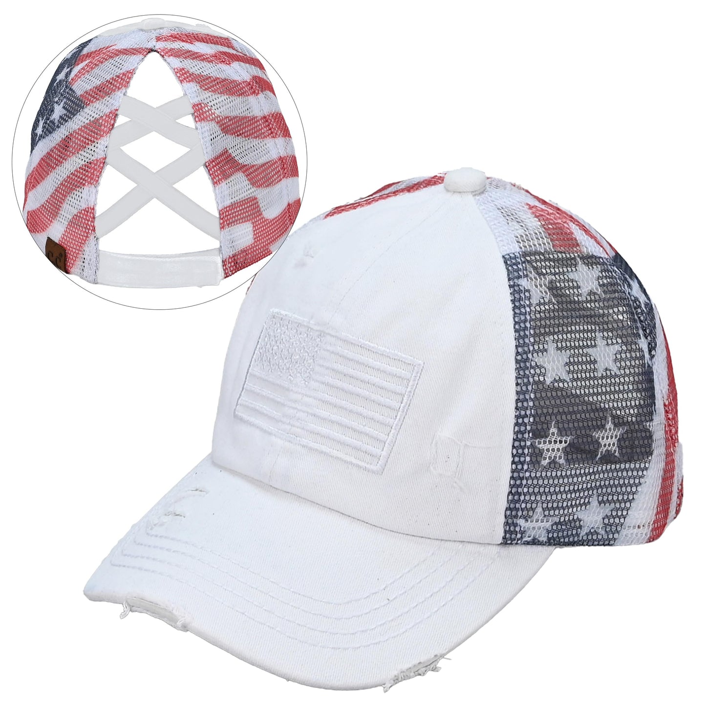 C.C Women's Criss-Cross Ponytail Baseball Cap – Embroidered Cotton Front, American Flag Mesh Back, Adjustable Velcro (US, Alpha, One Size, White)