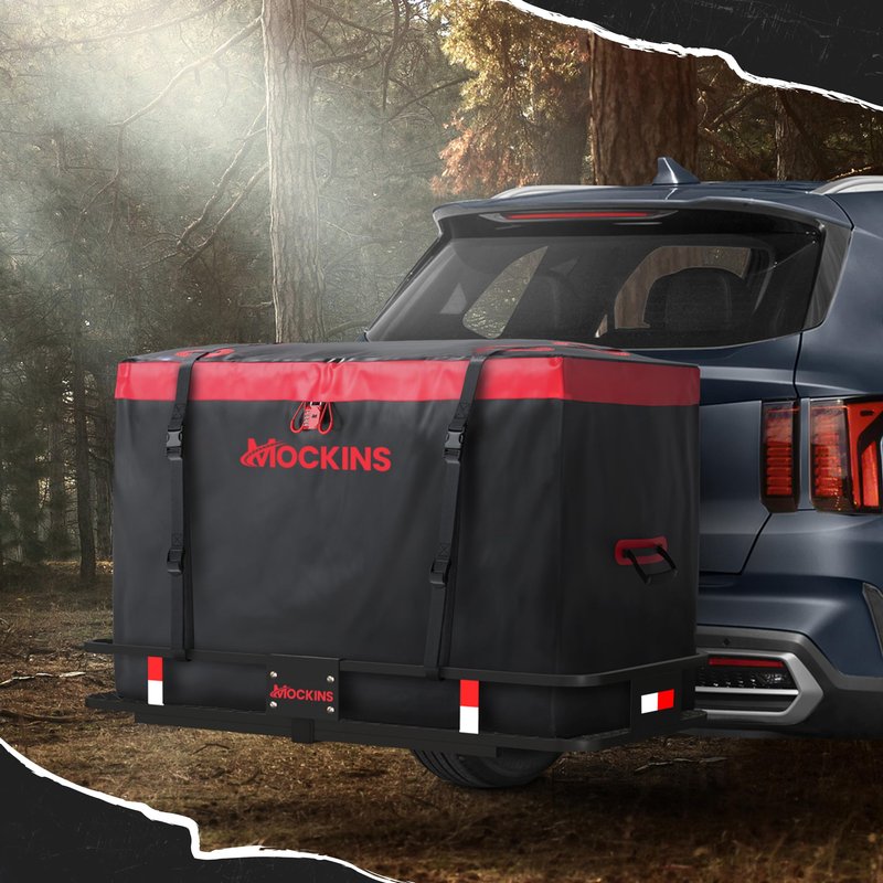 Mockins 15 CuFt Weatherproof Trailer Hitch Cargo Carrier Bag w/ 4 Packing Cubes | 48"x18"x31" Waterproof Cargo Bag for Hitch Carrier & Truck Bed Storage | Vehicle Soft-Shell Carriers w/Straps & Lock