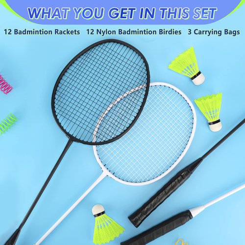 Chitidr 12 Pack Badminton Rackets Set Including Badminton Racquets, Nylon Shuttlecocks and Carry Bag for Outdoor Backyard Games Beginners(12 Pack,White, Black)