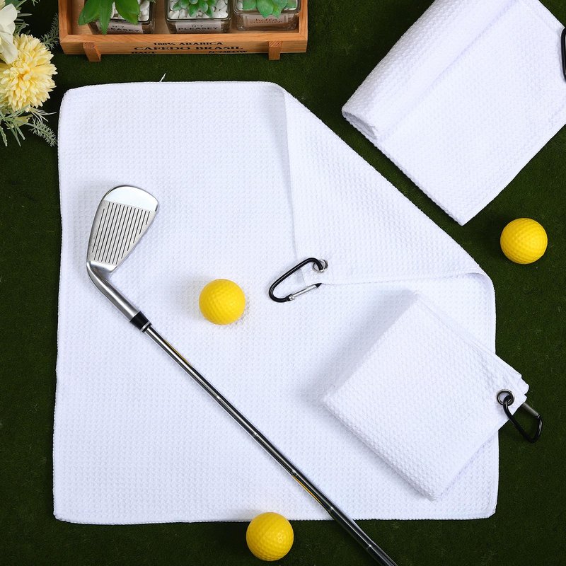Batiyeer 12 Pcs Golf Towel Bulk for Golf Bags 16'' x 16'' Microfiber Fabric Towel with Clip Waffle Pattern, Fitness, Camping, Hiking, Yoga (White,16 x 16 Inches)