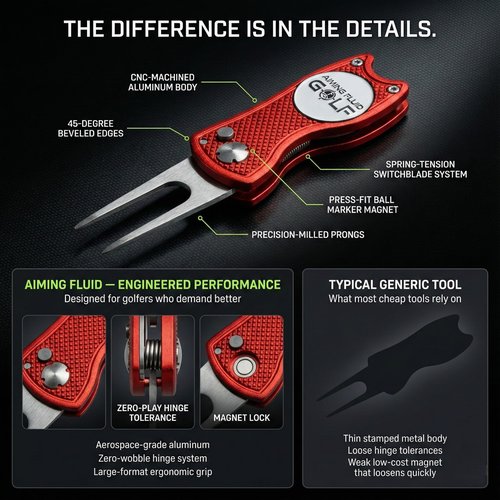 Aiming Fluid Golf Divot Repair Tool – Precision Switchblade Design, CNC-Machined Metal Body, Magnetic Ball Marker, Zero-Wobble Hinge – Premium Golf Accessory (Silver)