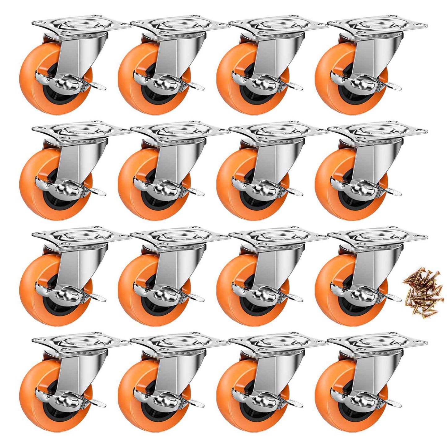 2 Inch Casters, ASHGOOB Caster Wheels with Side Brake, Locking Casters Set of 16, Industrial/Furniture Swivel Plate Caster Wheels for Workbench and Carts, Orange Polyurethane (PU) Castors (16 Pack)