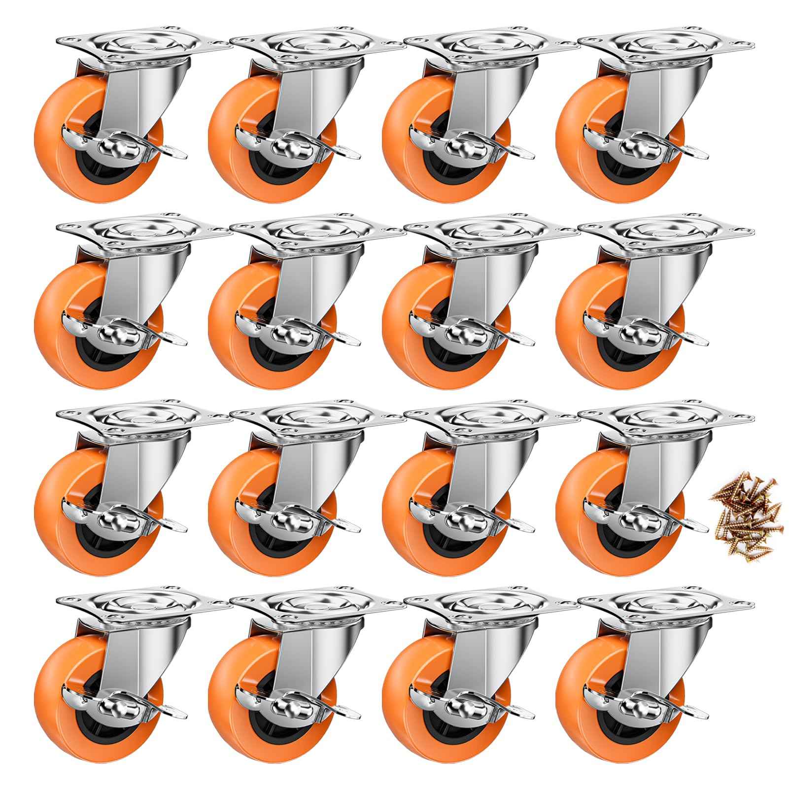 2 Inch Casters, ASHGOOB Caster Wheels with Side Brake, Locking Casters Set of 16, Industrial/Furniture Swivel Plate Caster Wheels for Workbench and Carts, Orange Polyurethane (PU) Castors (16 Pack)
