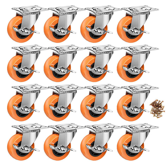 2 Inch Casters, ASHGOOB Caster Wheels with Side Brake, Locking Casters Set of 16, Industrial/Furniture Swivel Plate Caster Wheels for Workbench and Carts, Orange Polyurethane (PU) Castors (16 Pack)