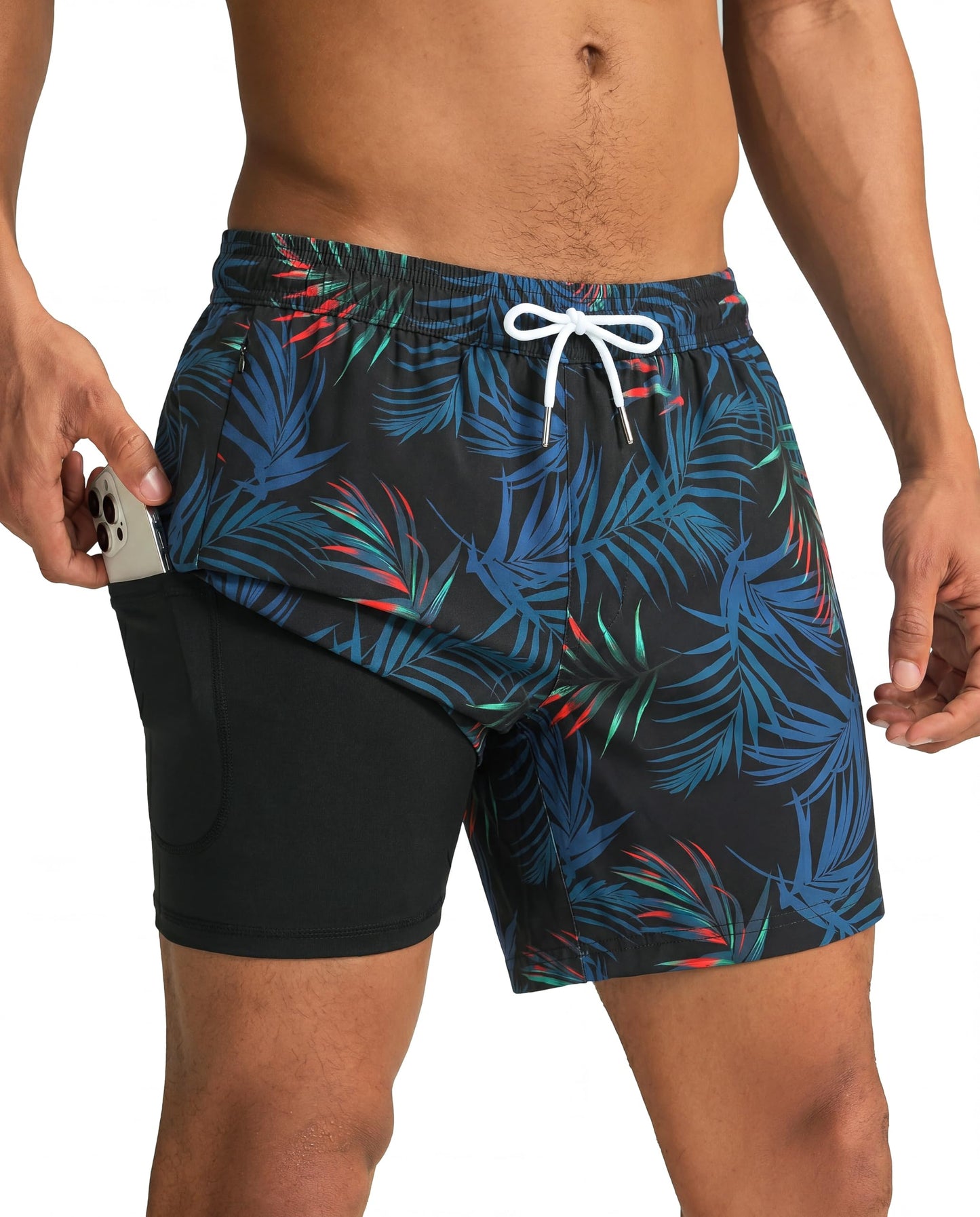 maamgic Mens Swim Trunks with Compression Liner 5 Inch, Quick Dry Bathing Suit with Zipper Pockets, Stretch No-Chafing Swim Shorts, Black-Orange Leaf Silhouette XX-Large