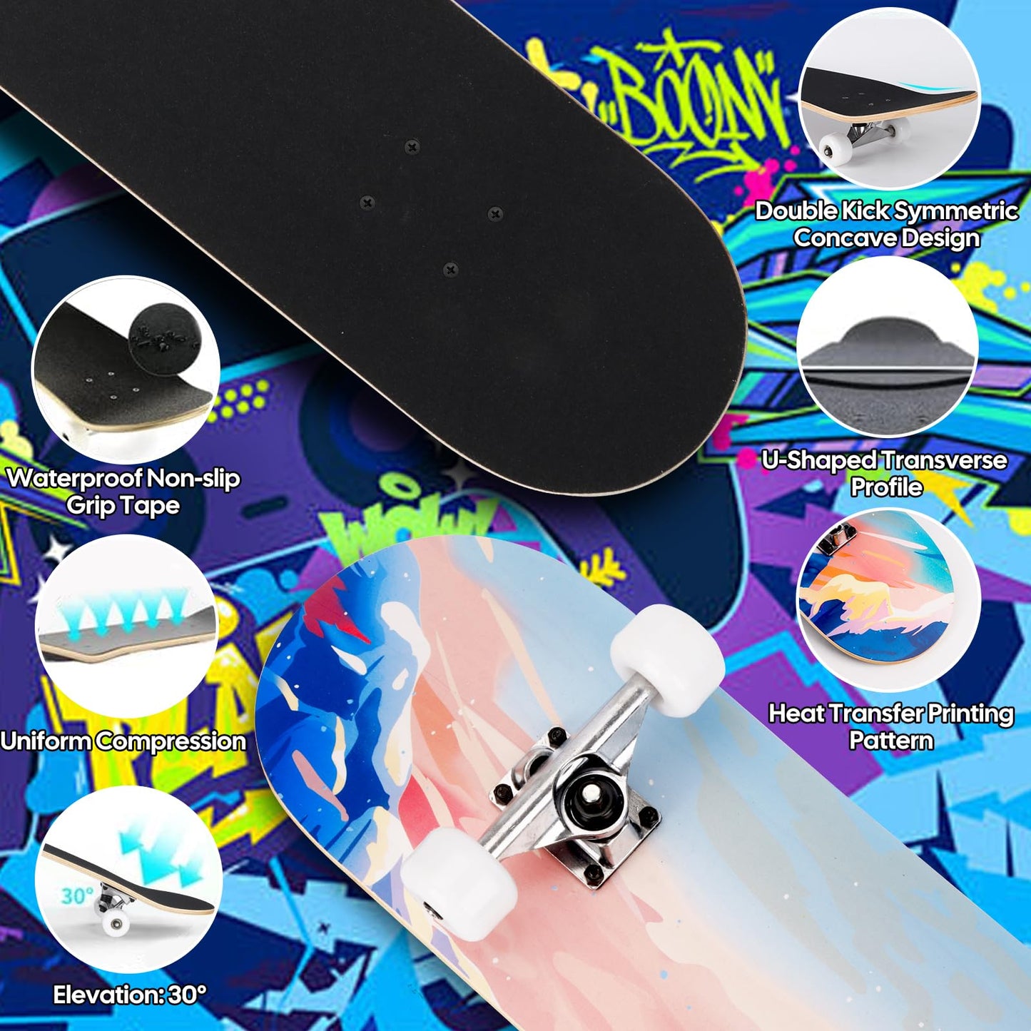 CAPARK Skateboards for Beginners Adults Youths Teens Kids Girls Boys 31 Inch Pro Complete Skate Boards 7 Layer Canadian Maple Double Kick Concave Longboards (Ocean)