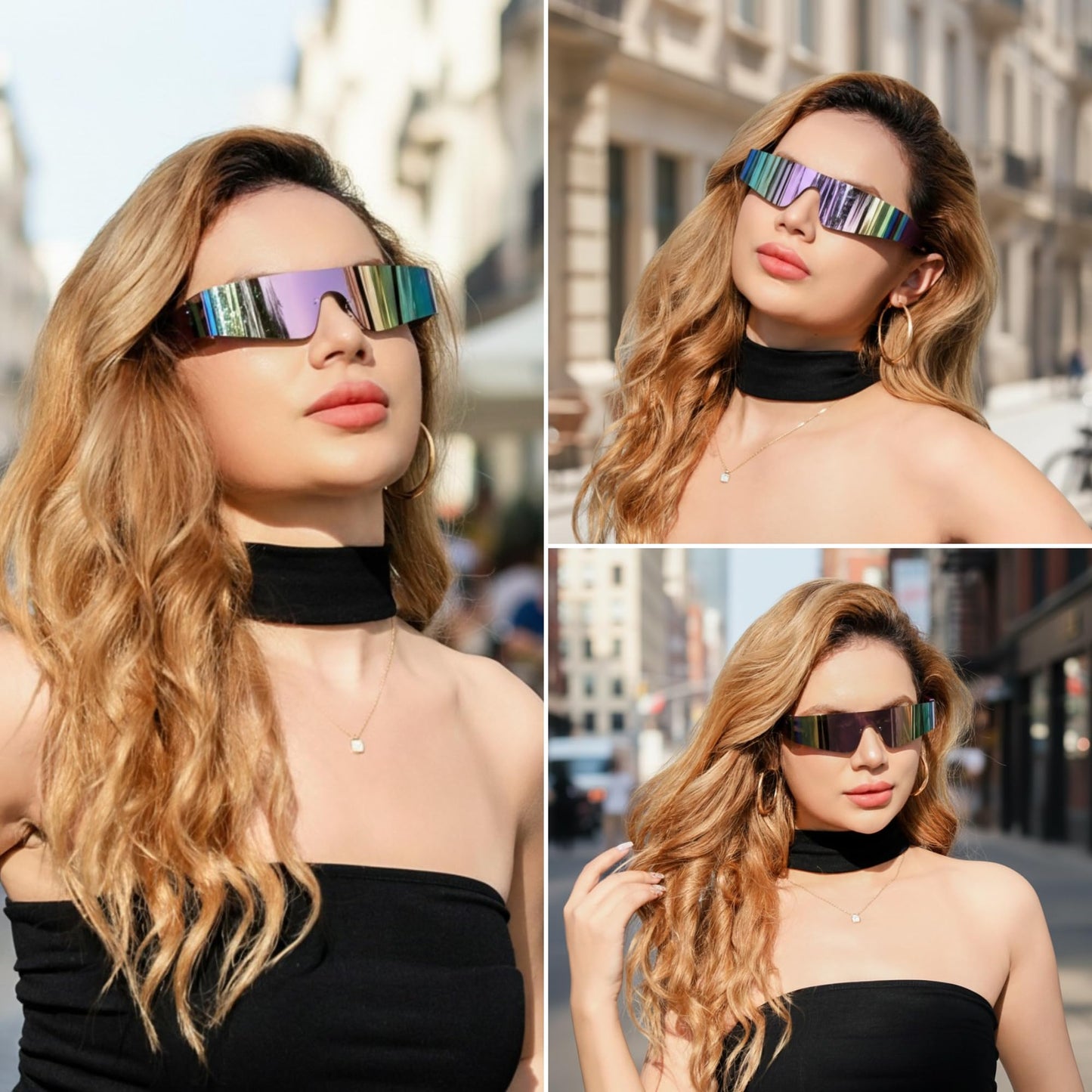 FEISEDY Rimless Sunglasses Y2K Futuristic Wrap Around Sunglasses For Women Men One Piece Goggles Miorred Shades B2927