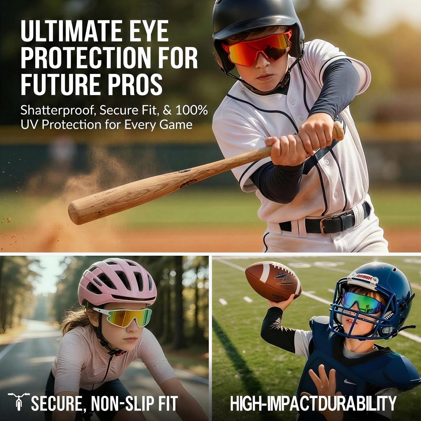 GLARDEFE Kids Baseball Sunglasses - Youth Baseball Sunglasses for Boys Girls - Sports Softball Shades Age 6-14(White/Blue Mirror + Red/Orange Mirror)