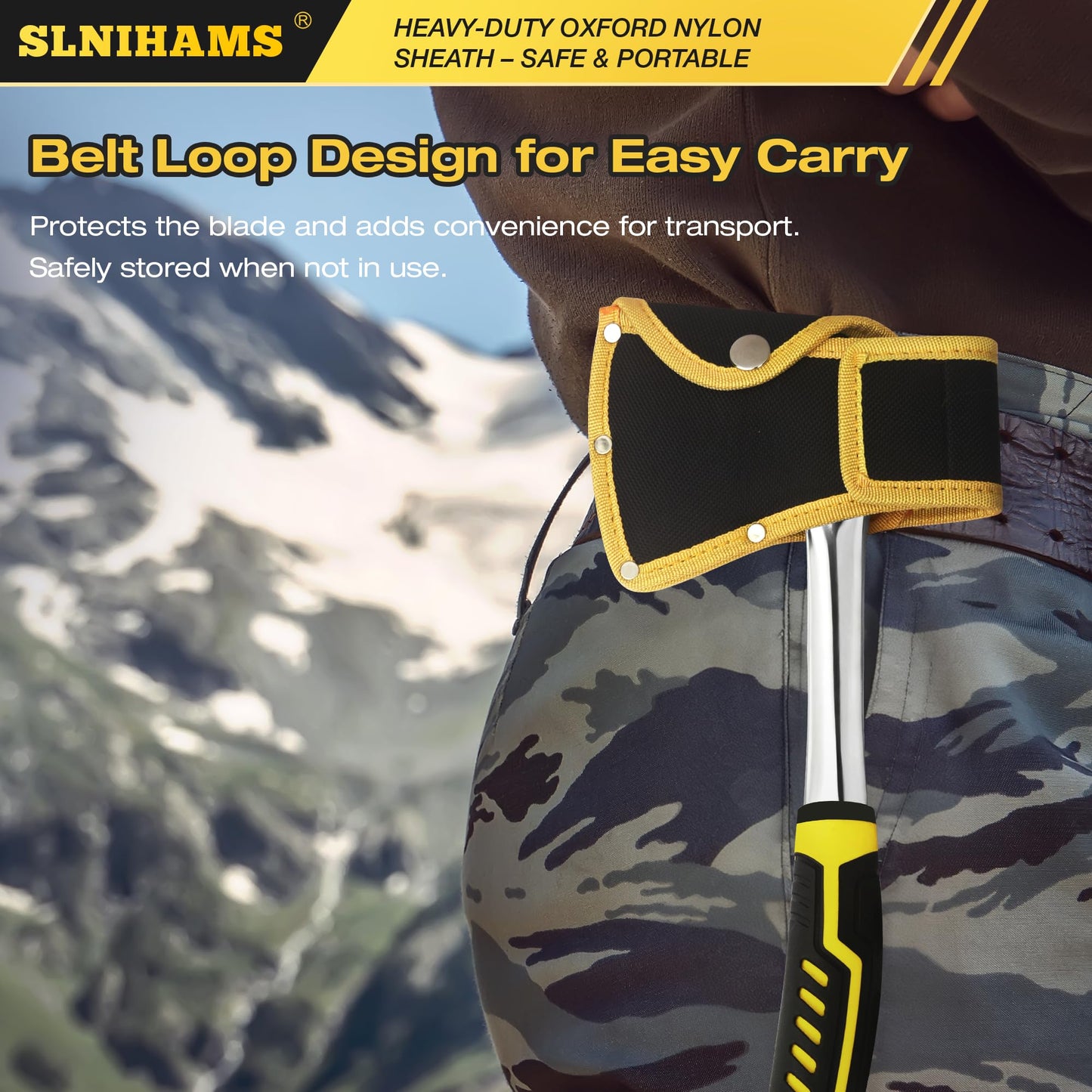 SLNIHAMS 13.5" Camping Hatchet, Forged Carbon Steel Axe with Ergonomic Anti-Slip Grip & Heavy-Duty Oxford Nylon Sheath – Outdoor Survival, Camping, Wood Splitting & Hiking Tool