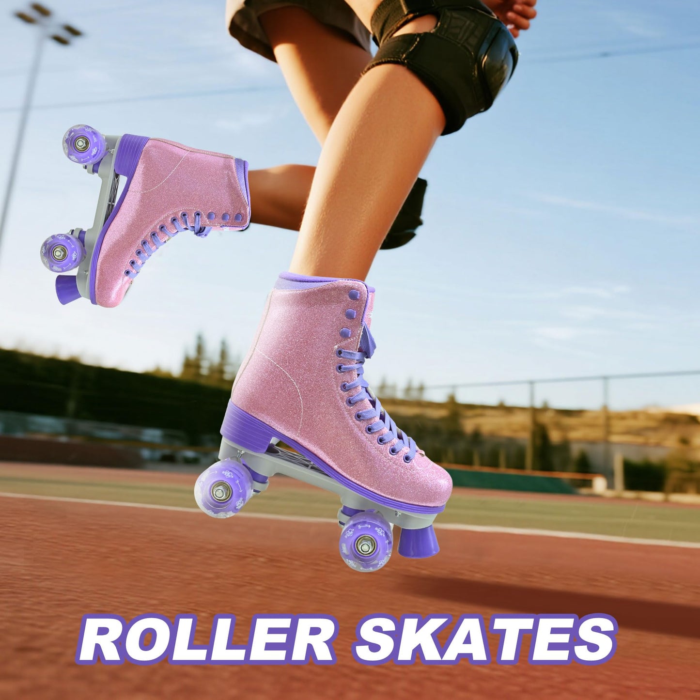 SMOOJOY Roller Skates for Women Girls High Top PU Adult Derby Quad Purple Red Skates Shoes Outdoor Shiny Double-Row Four Wheels Light Up Leather Rollerskates for Ages 8-50 Indoor