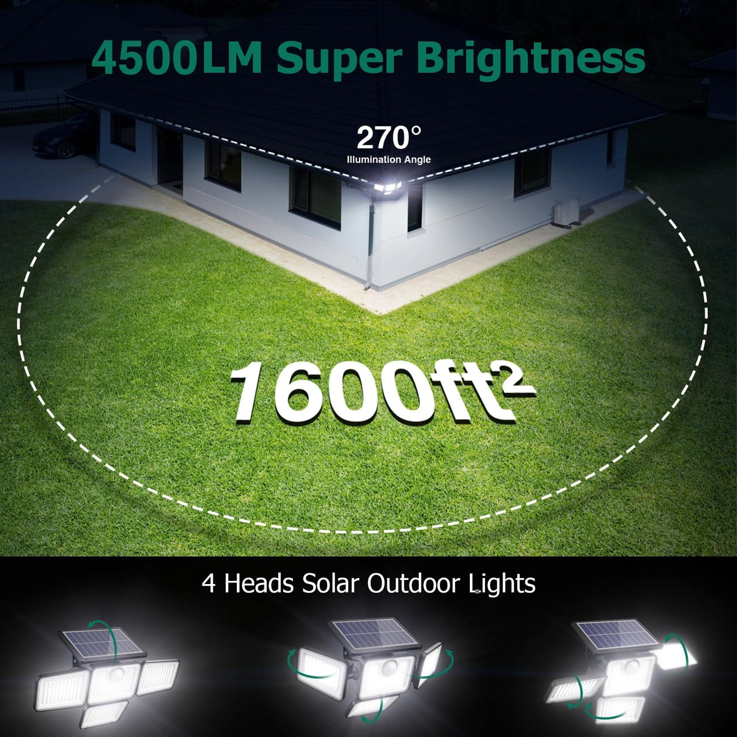 4500LM Solar Lights Outdoor, 4 Adjustable Heads Motion Sensor Lights, 3 Mode, IP65 Waterproof Solar Security Wall Lights, Remote Control Flood Lights, Graden, Outside, Backyard, 1 Pack