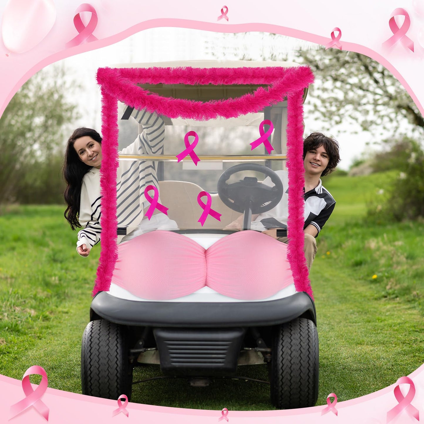 Suncalla Breast Cancer Awareness Golf Cart Decorations Kit Large Bra Shaped Balloon Decoration Feather Boa Pink Ribbon Stickers for Breast Cancer Awareness Themed Decor Women