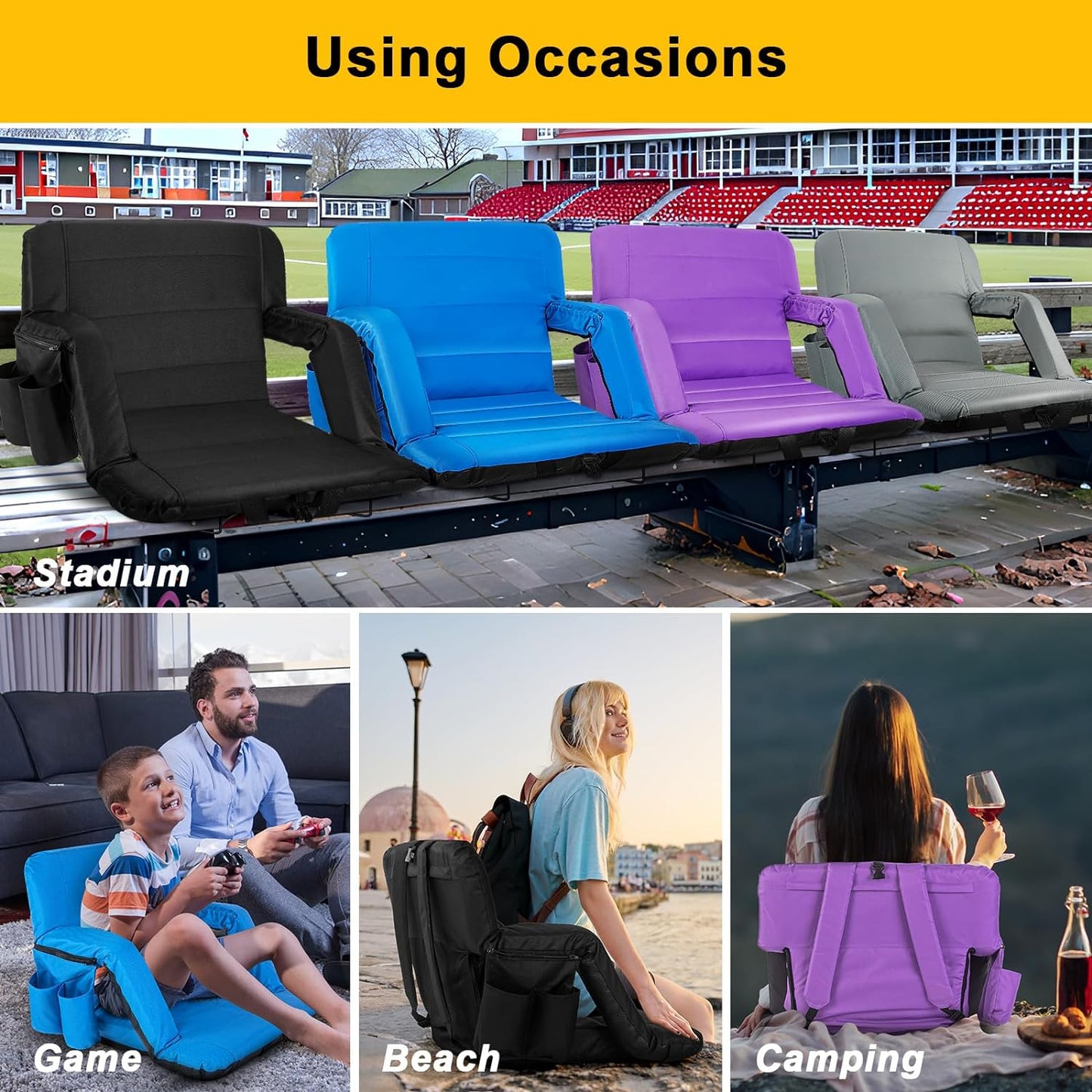 Yeyeeyyee Stadium Seats - Wide Bleacher Chairs with Back Support & Cushion | 22.5" Waterproof Black