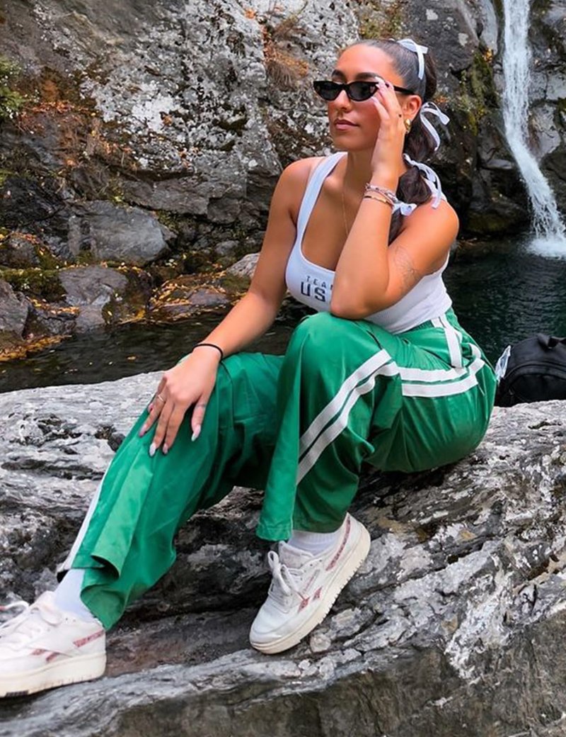 Wyeysyt Womens Wide Leg Pants Baggy Sweatpants Casual Drawstring Elastic Waist Contrast Color Y2K Track Pants(Green-M)