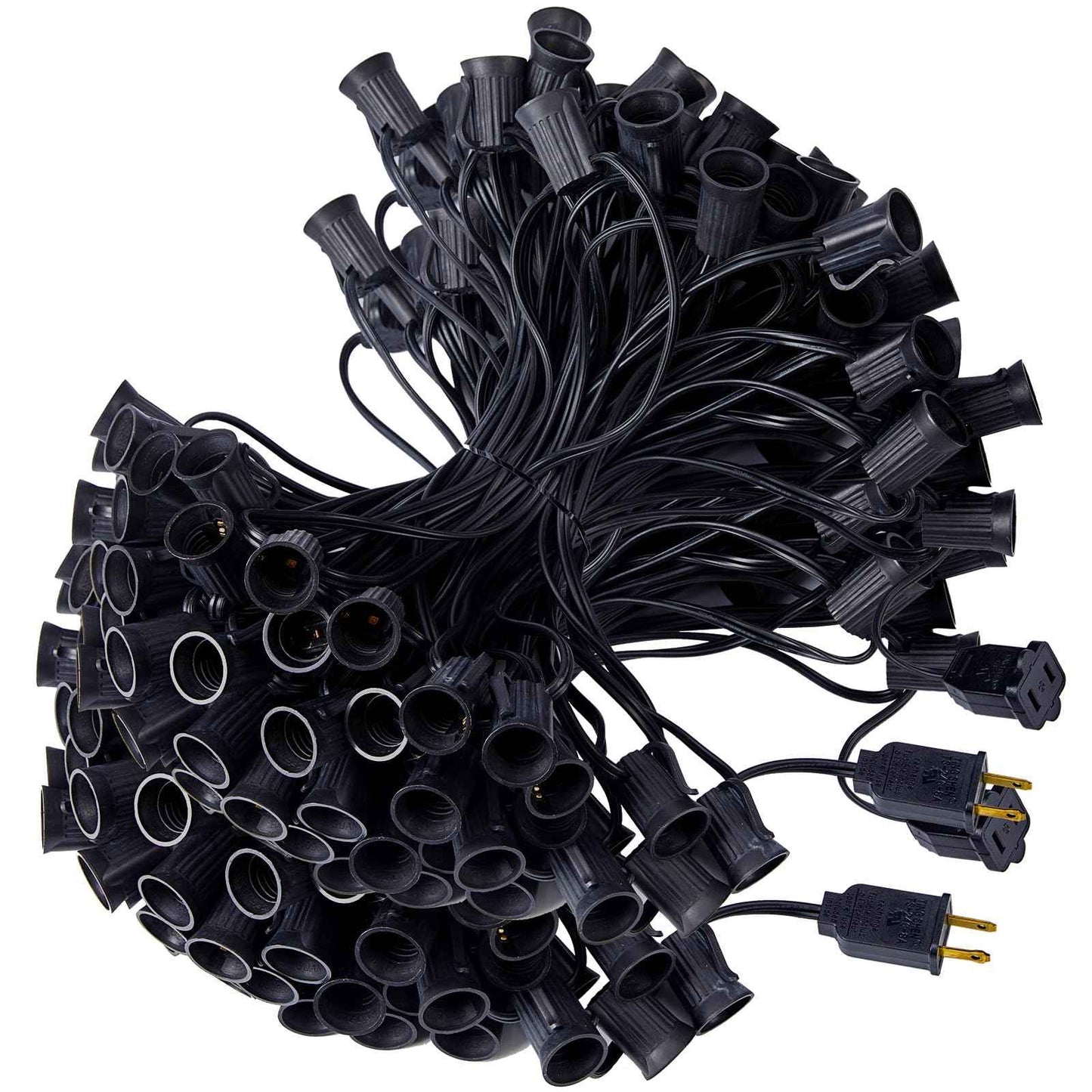 (2 Pack) Total 100 FT C9 Light Strand, Outdoor String Light Christmas Stringer with 100 Sockets for Patio, Intermediate Base (C9/E17) - 12" Spacing, Black Wire, NOTE (Only Use for C9 LED Bulbs)