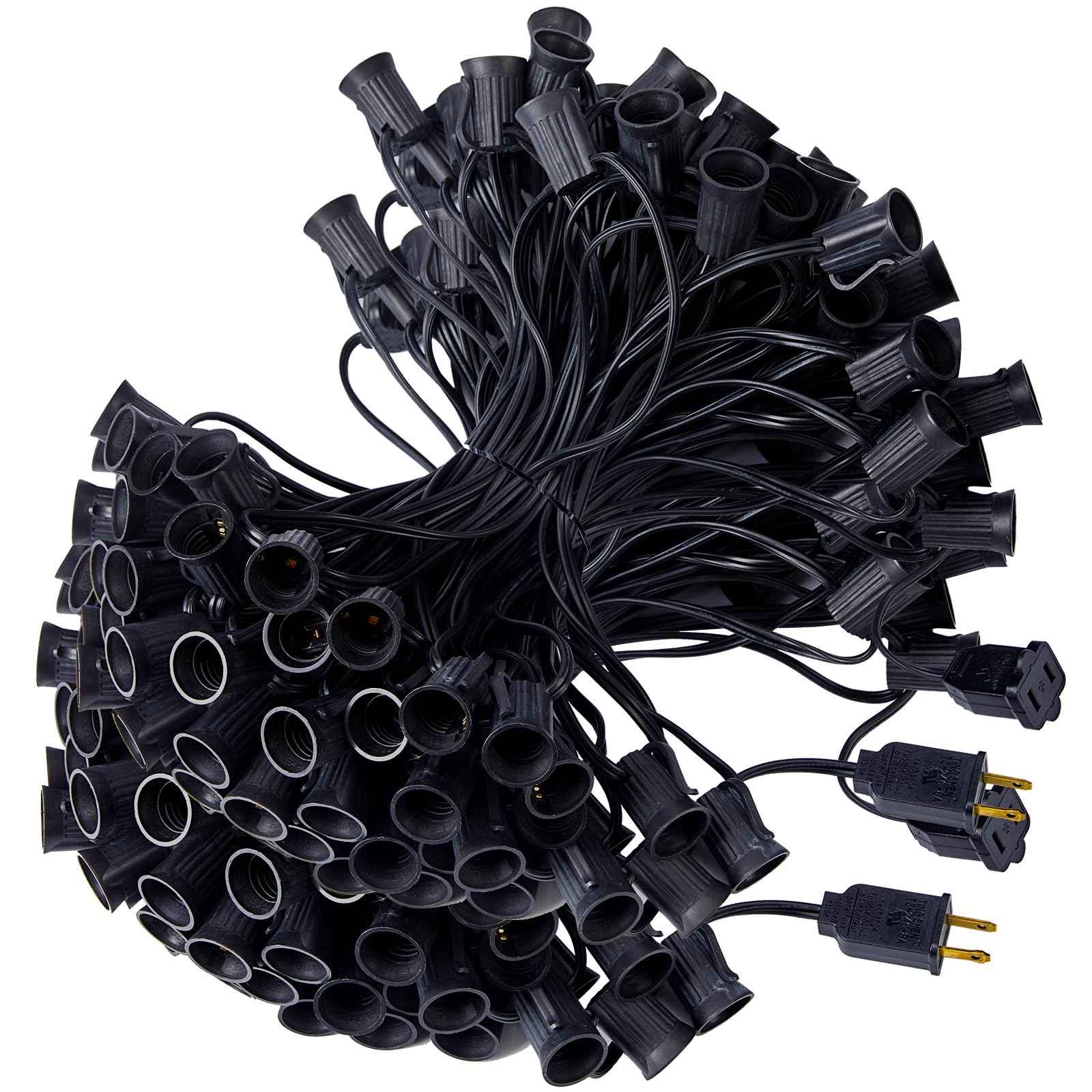 (2 Pack) Total 100 FT C9 Light Strand, Outdoor String Light Christmas Stringer with 100 Sockets for Patio, Intermediate Base (C9/E17) - 12" Spacing, Black Wire, NOTE (Only Use for C9 LED Bulbs)
