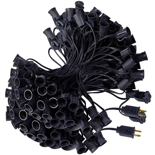 (2 Pack) Total 100 FT C9 Light Strand, Outdoor String Light Christmas Stringer with 100 Sockets for Patio, Intermediate Base (C9/E17) - 12" Spacing, Black Wire, NOTE (Only Use for C9 LED Bulbs)