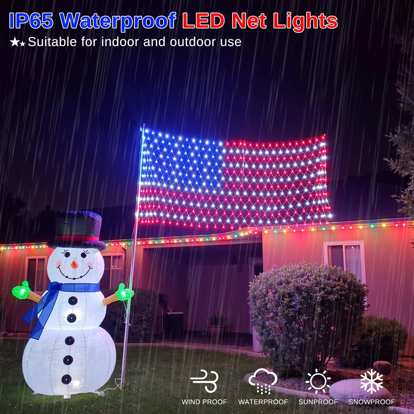 American Flag Lights Outdoor - 420 Super Bright Red White and Blue Lights, Waterproof Led Flag Net Light of The United States for Memorial Day, 4th of July, Yard, Garden, Christmas Decorations