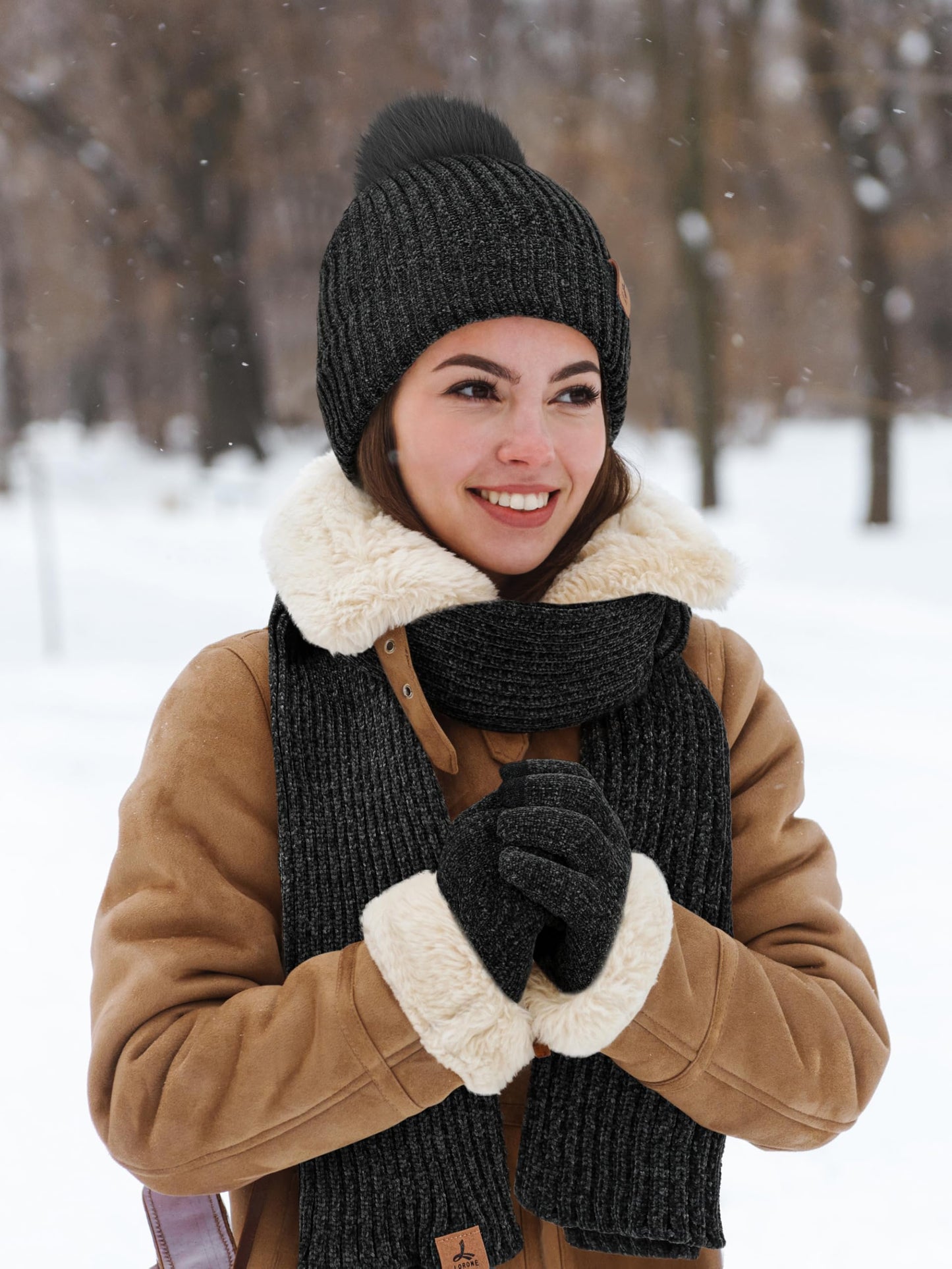 Winter Warm Hat Scarf and Touch Screen Gloves Set, Knitted Pom Beanie Hat Neck Warmer Long Scarf Winter Gloves for Women Men