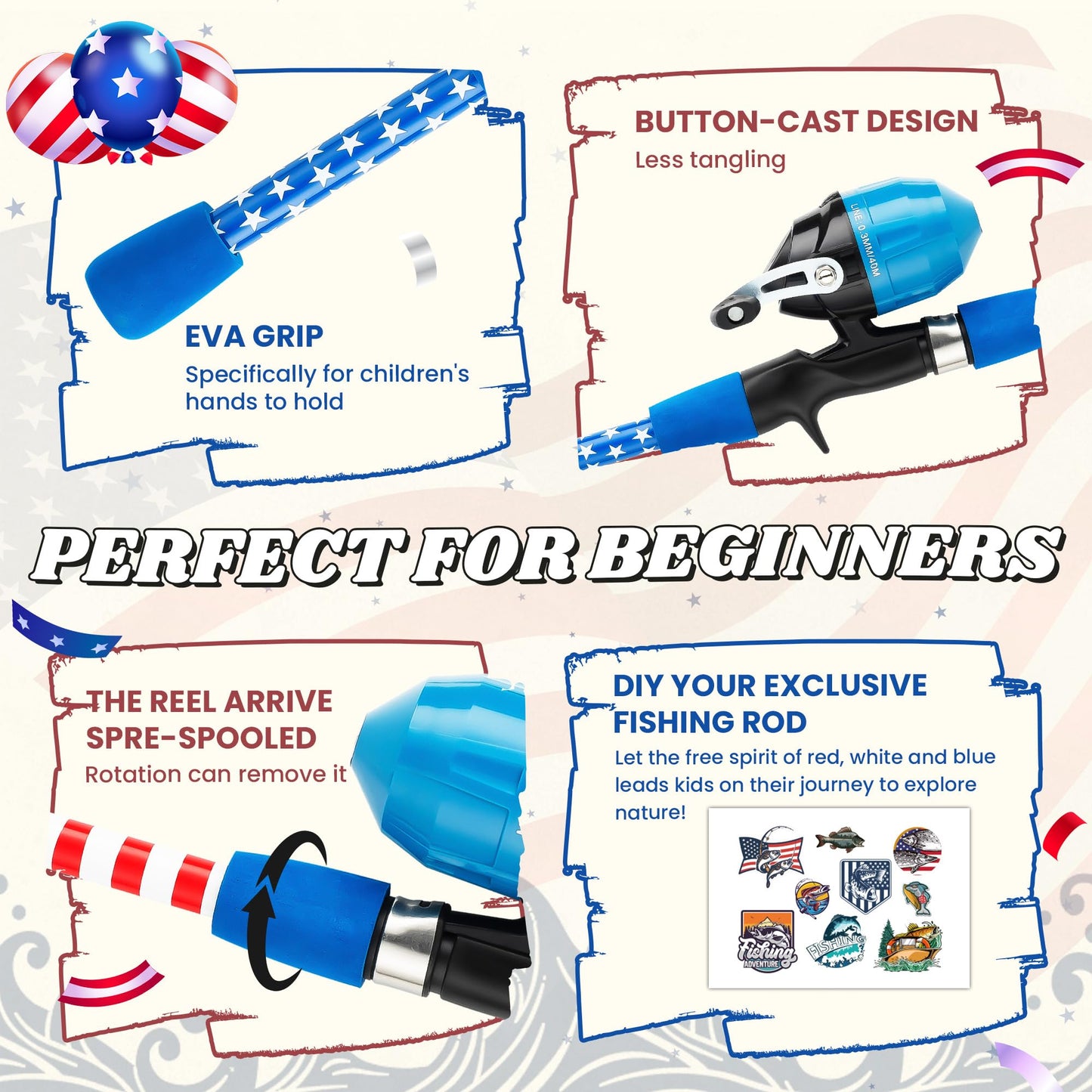 WIDDEN Kids Fishing Pole - Portable Telescopic Fishing Rod Set with Spincast Reel, Net, Bucket and Tackle Box - Patriotic American Flag Fishing Gear for Boys Girls Youth - 4th of July Gift