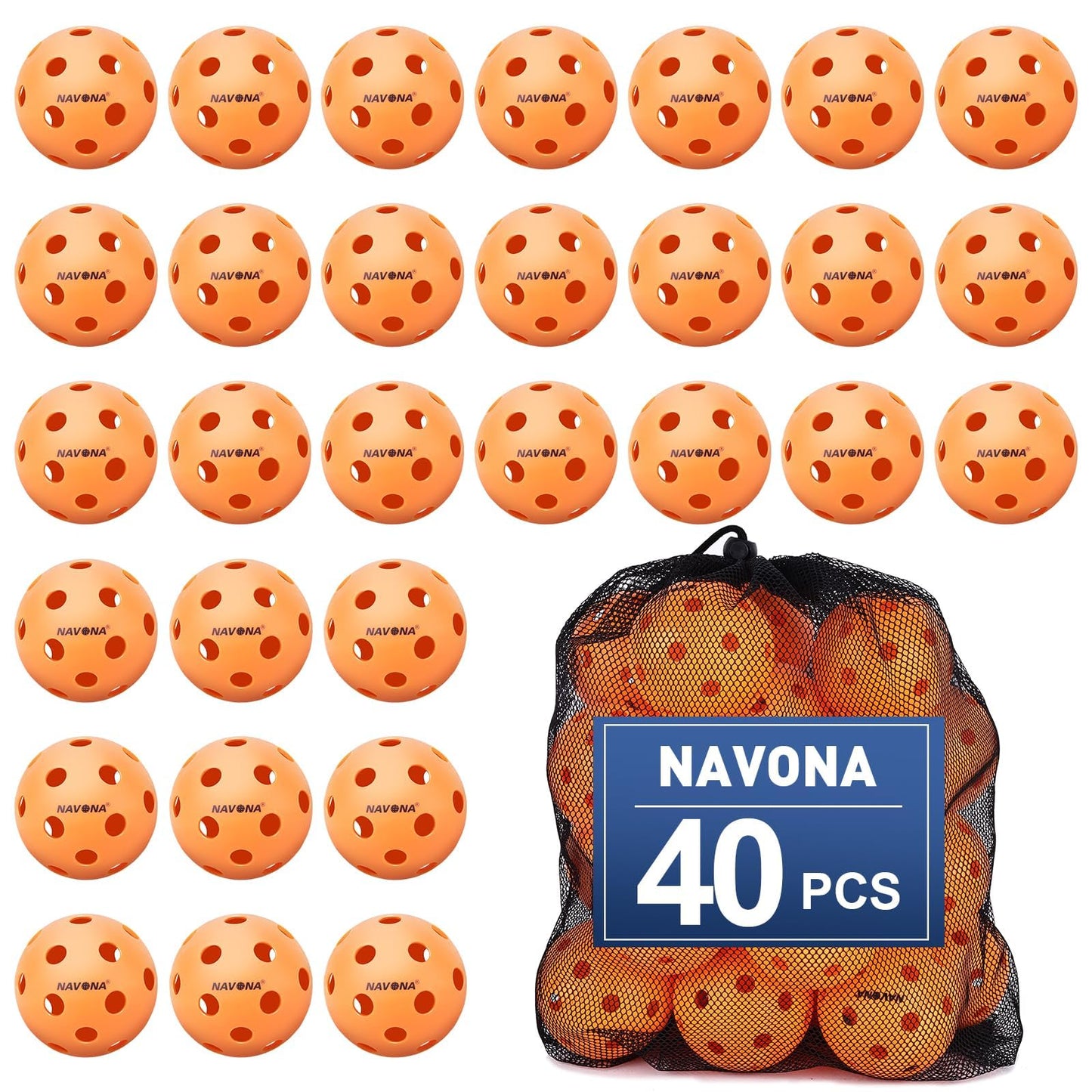 Navona 40 Pack Premium 26-Holes Orange Indoor Pickleball Balls, Meet USAPA Official Requirement, Perfectly Balanced, High Bounce True Flight, Durable Indoor Pickleball Set