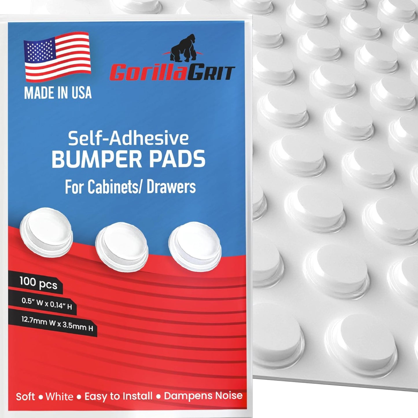 100 Pack White Cabinet Door Bumpers - 1/2” Diameter White Adhesive Pads for Drawers, Glass Tops, Cutting Boards, Picture Frames, Small Furniture