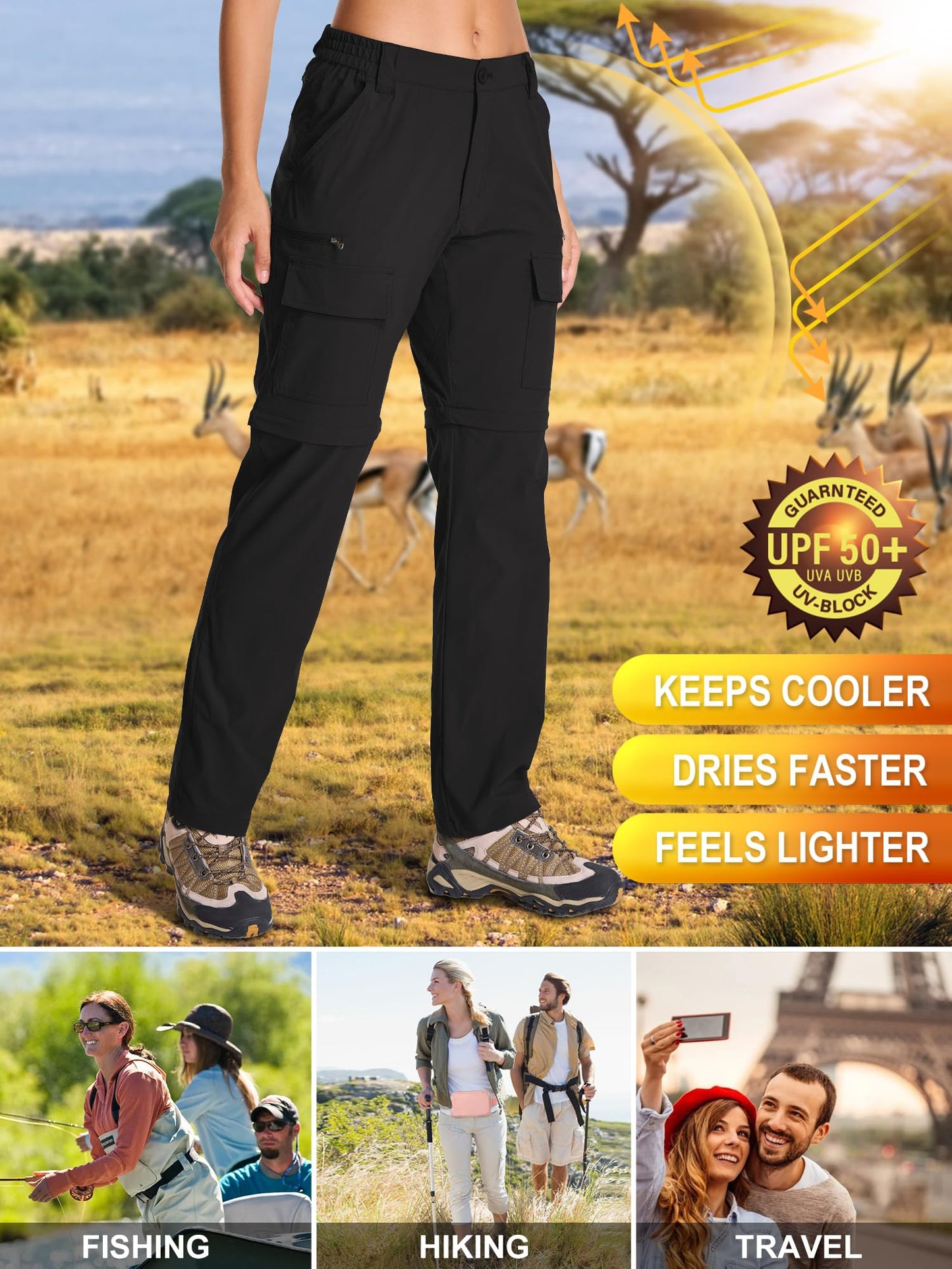 Womens Hiking Pants Convertible Quick Dry Lightweight Zip Off Outdoor Safari Pants with Cargo Pockets,2195,Black,10