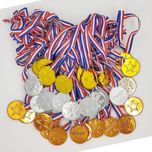 36 Pieces Kids Gold Silver Bronze Award Medals, Childrens Plastic Medals Winner Gold Silver Bronze Award Medals for Kids Gift, Games Competitions, Party Favors and Decorations