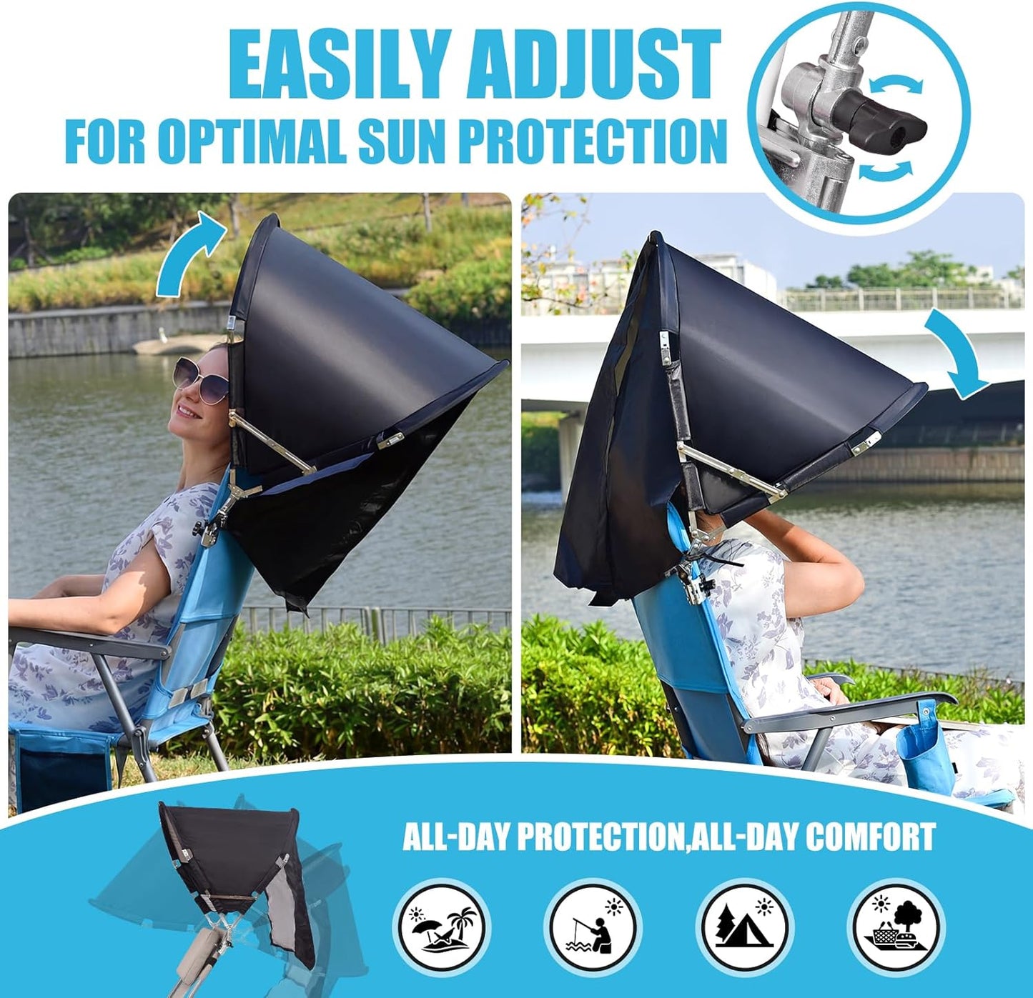 Skiennix Universal Chair Umbrella Canopy - Foldable Portable Sun Shade Attachment with Adjustable Clamp for Beach, Camping, and Outdoor Use