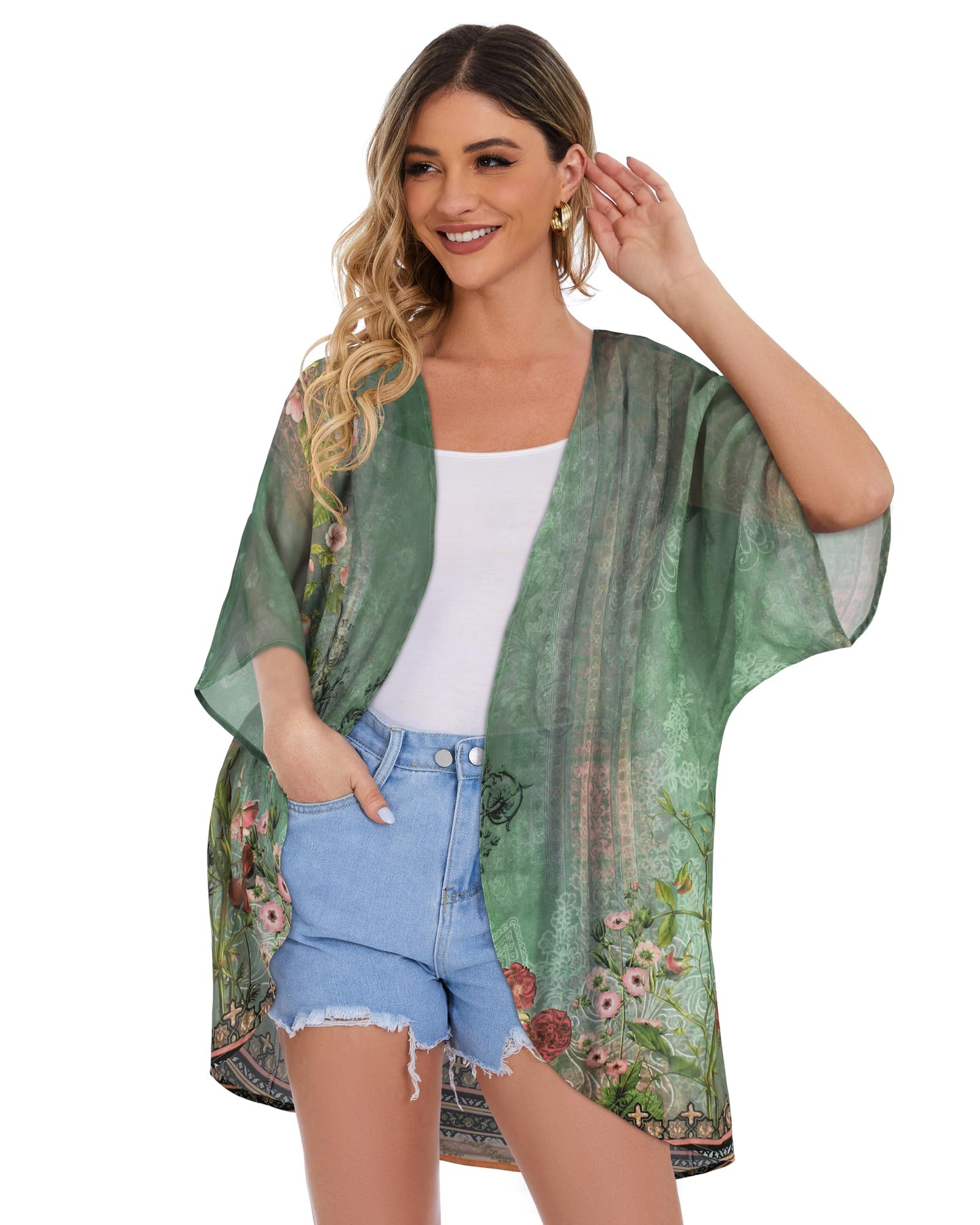 Women's Floral Print Puff Sleeve Kimono Cardigan Loose Cover Up Casual Blouse Tops(Army Green Floral,M)