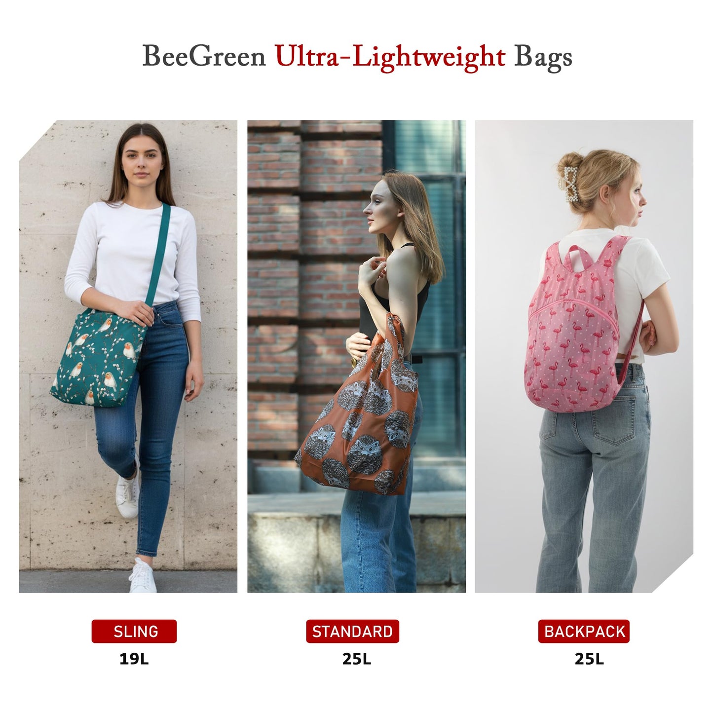 BeeGreen Bees Foldable Compact Ultimate Crossbody Tote Bag - Reusable Grocery Shopping Bag - Portable Lightweight Duffle Bags