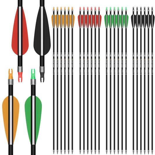 SUNYA Archery 24PCS Compound Bow Arrows for Practice. 30" Carbon Shaft, Spine 500 with Removable Tips. 4 Colors Vane Fit for Indoor and Outdoor Archery.