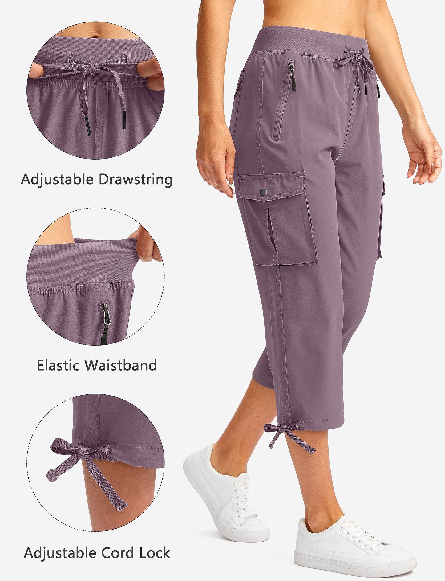 Soothfeel Women's Cargo Capris Pants with 6 Pockets Lightweight Quick Dry Travel Hiking Summer Pants for Women Casual (Purple, 3XL)