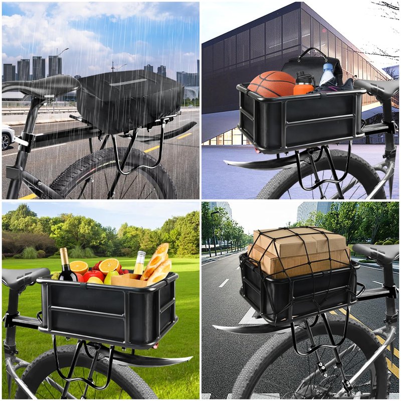 Rear Rack Bike Basket, Large Rear Bike Basket with Liners & Cargo Net & 2 Rain Covers, Heavy Duty Metal Bicycle Basket for Bicycle, Ebike, Electric Bike