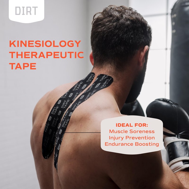 DIRT Tape - Athletic Kinesiology Tape - Muscle Pain Relief & Joint Support - Premium Elastic Cotton - Latex-Free - Water Resistant - Gym, Indoor & Outdoor Sports - Single Roll (16.4 ft) - Black