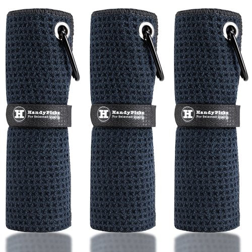Handy Picks Microfiber Golf Towel (16" X 16") with Carabiner Clip, Waffle Pattern Golf Towel Hook and Loop Fastener - The Convenient Golf Cleaning Towel Black