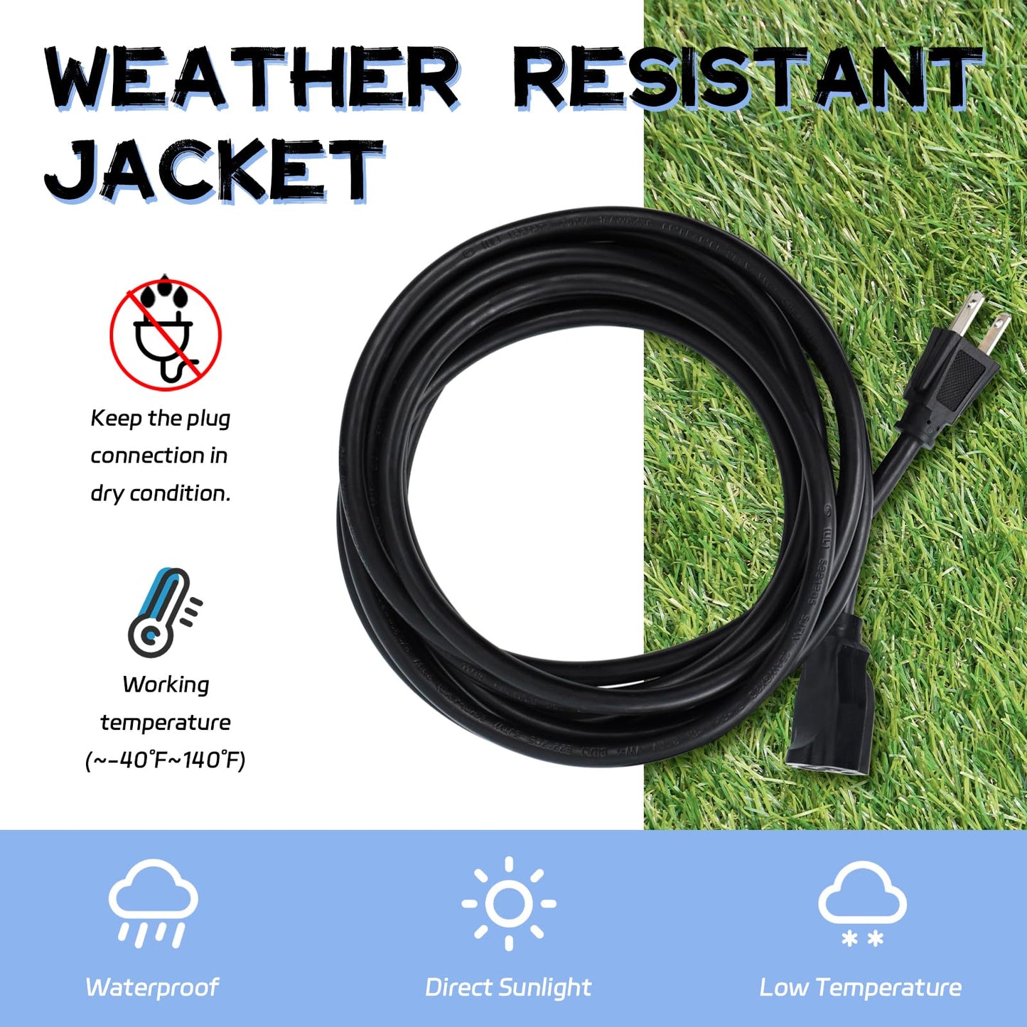 HeyYance Heavy Duty Outdoor Extension Cord Waterproof - 15 Ft Extension Cords with 3 Prong Grounded Plug, 16/3 SJTW 13A 1625W Black Extension Cable for Lawn, Garden, Appliances, Lights