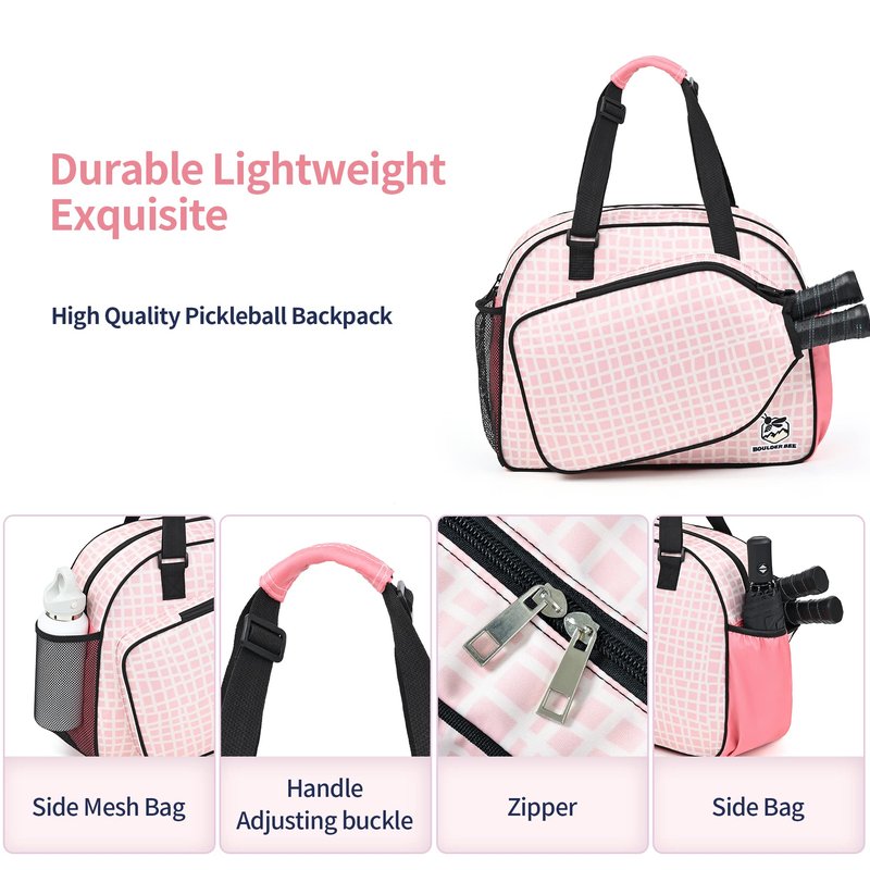 Boulder Bee Pickleball Bags, PickleBall Tote Bag for Women, Women’s Hand/Shoulder Gym Bag w Water Bottle Holder, With Pickleball Racquet/Paddle Holder (Pink Plaid)