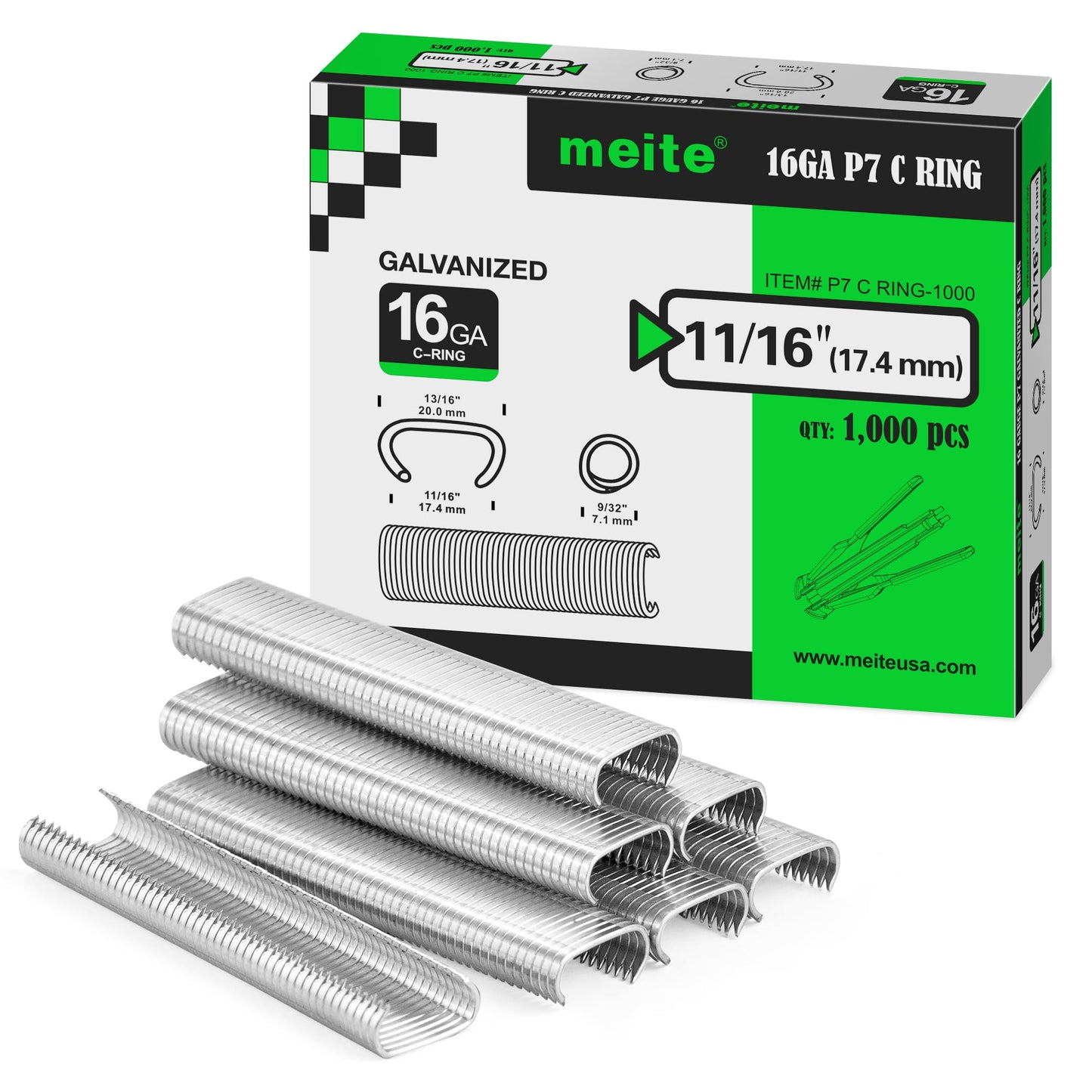 meite Hog Rings, 16 Gauge 11/16" Crown P7 Galvanized Hog Ring Staples for Fabric, Fence/Case, Wreaths/Ornments, Bag Closing, Net Binding (1,000 Counts)