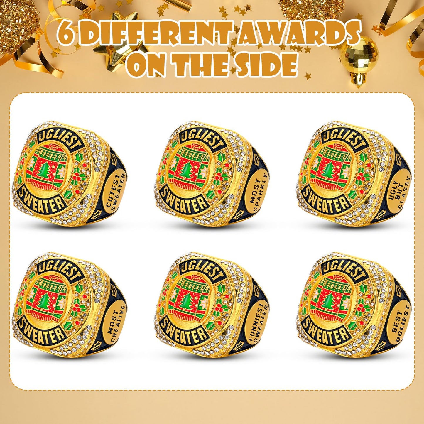 Highergo 6pcs Ugly Christmas Sweater Championship Trophy Ring Ugly Sweater Costume Contest Award with Display Neck Chain and Stand for Xmas Ugliest Sweater Contest Christmas Party Gift Competition