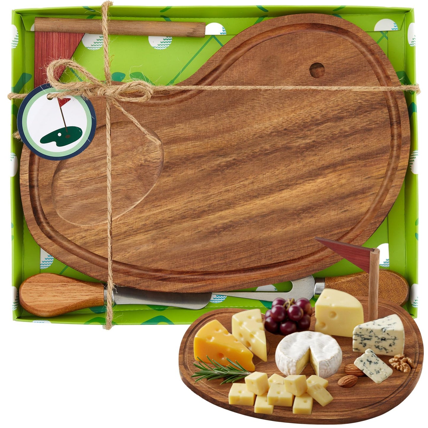 Ziliny Golf Cheese Board Gift Set Father Day Gift for Dad Party Favor Prizes Charcuterie Wood Board with Knives and Box for Party Tournament Birthday Game Game(9.8" x 7.7", Acacia Color)
