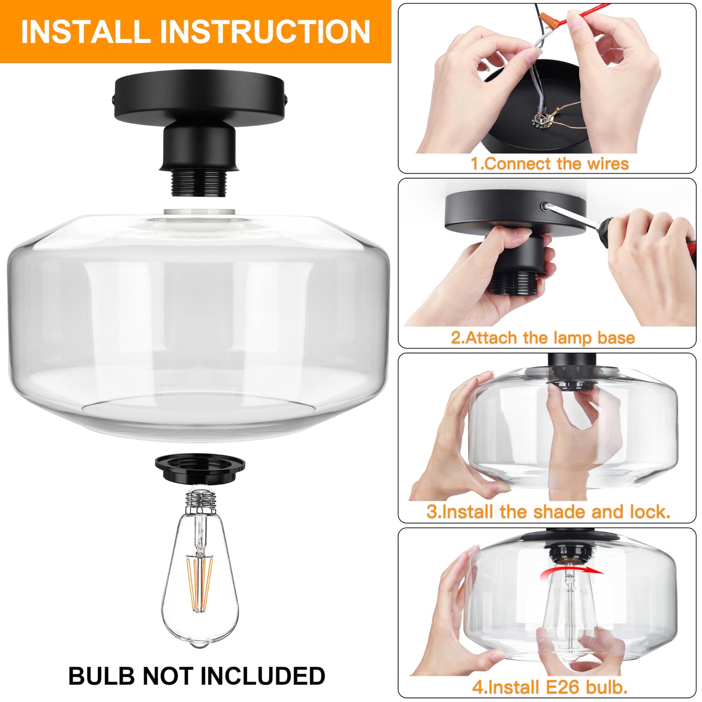 MAXvolador Industrial Semi Flush Mount Ceiling Light Extra Large, Clear Glass Pendant Lamp Shade, Vintage Hanging Light Fixtures, Lighting for Hallway