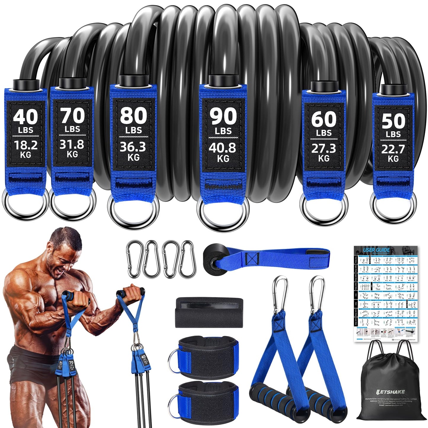 Resistance Bands, 390 lbs Heavy Duty Exercise Bands for Working Out, Blue Workout Bands with Handles, Stretch Band for Men, Fitness Bands for Home Workouts, Muscle Training, Strength, Slim, Yoga